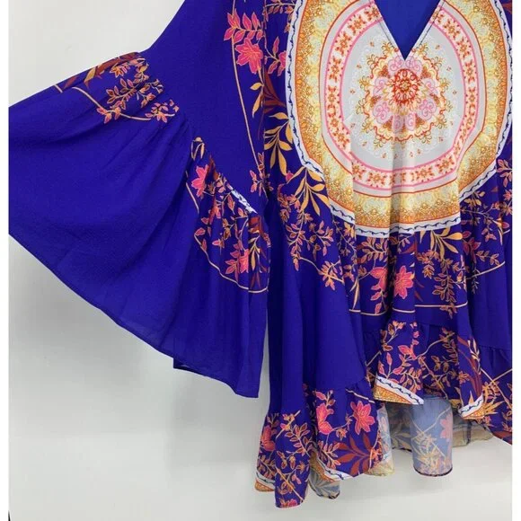 Umgee Top Blue V Neck Bell Sleeve Boho Medallion Printed - Picture 7 of 11